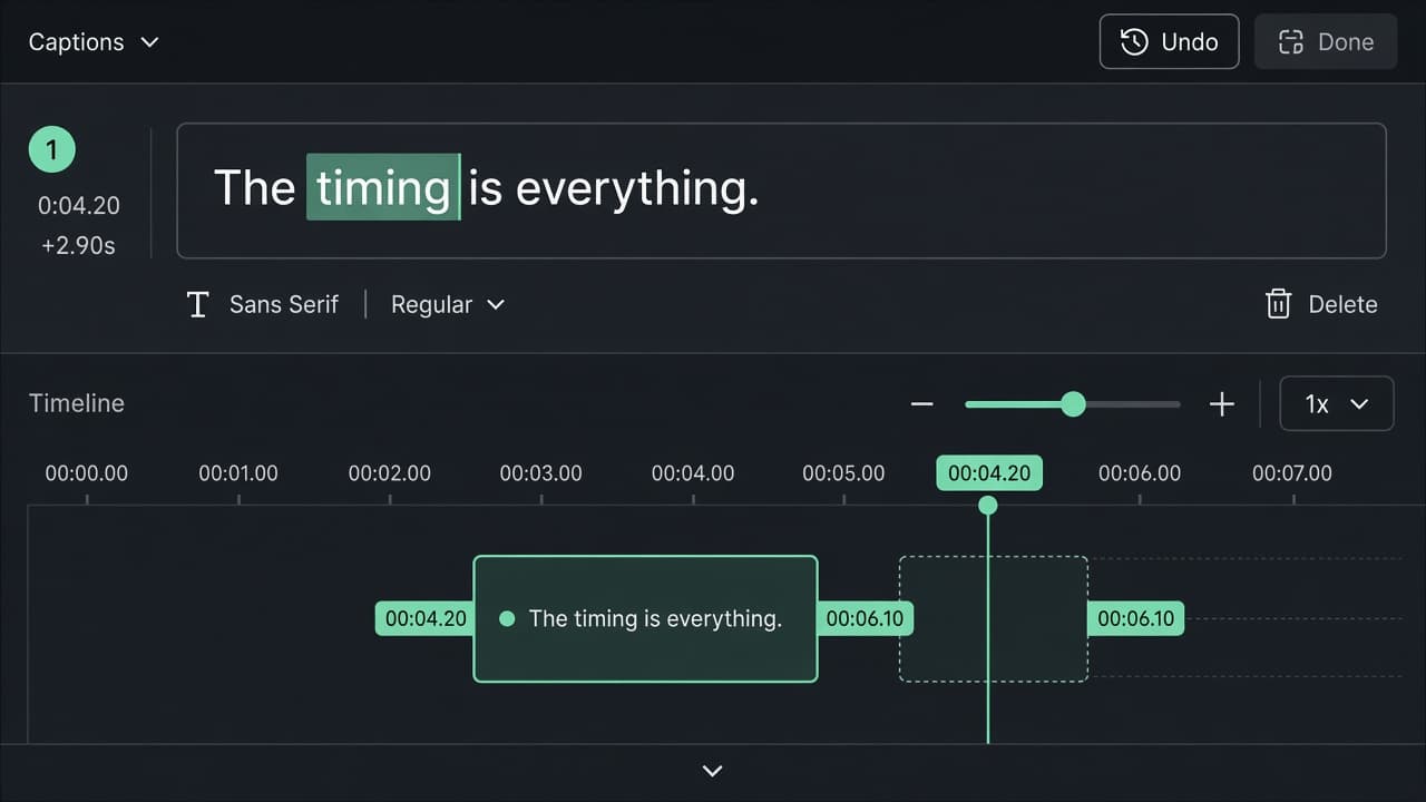 Caption text with the word timing selected and its start and end on the timeline