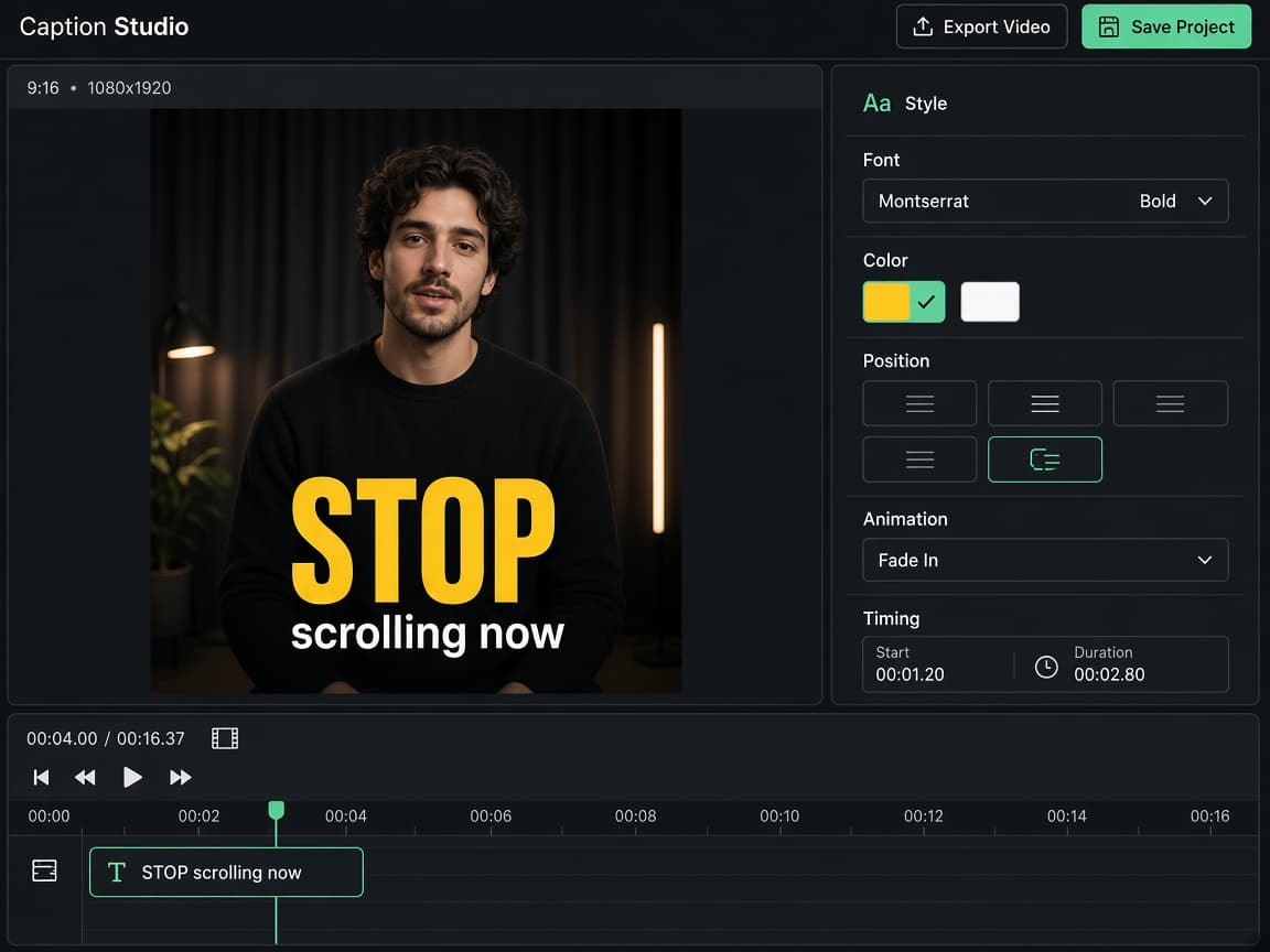 Caption Studio editor with a vertical video and the word STOP highlighted in yellow