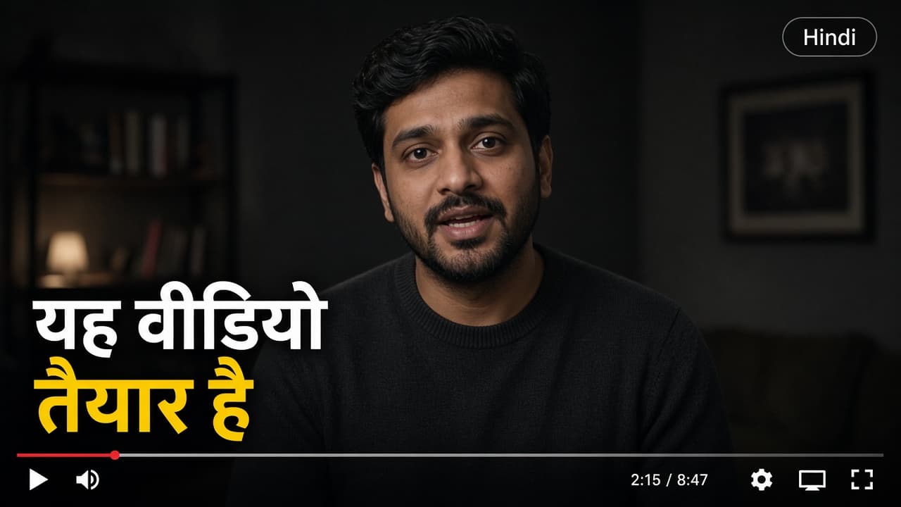 Talking-head video with a Hindi caption and one phrase highlighted in yellow