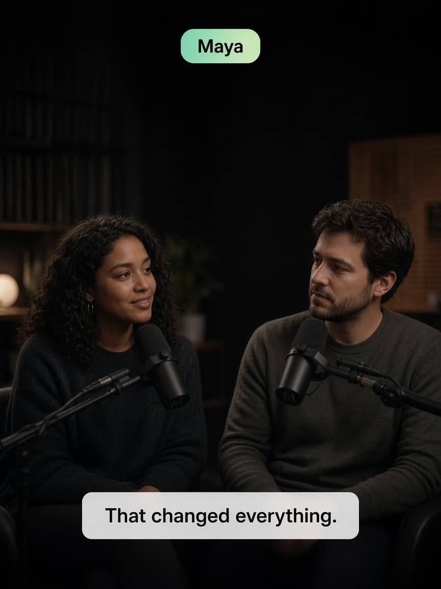 Podcast conversation with a speaker name above the caption