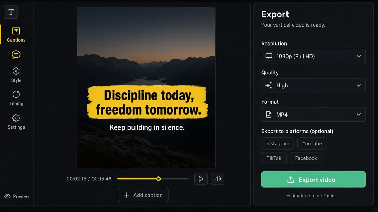 Export panel with a captioned vertical video ready to download