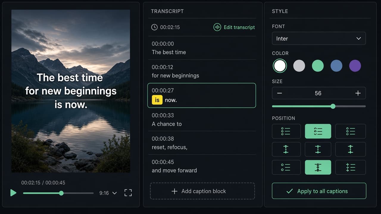 Caption editor with a word selected and the style panel open