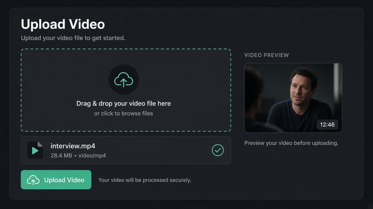 Upload screen with a video file ready to process